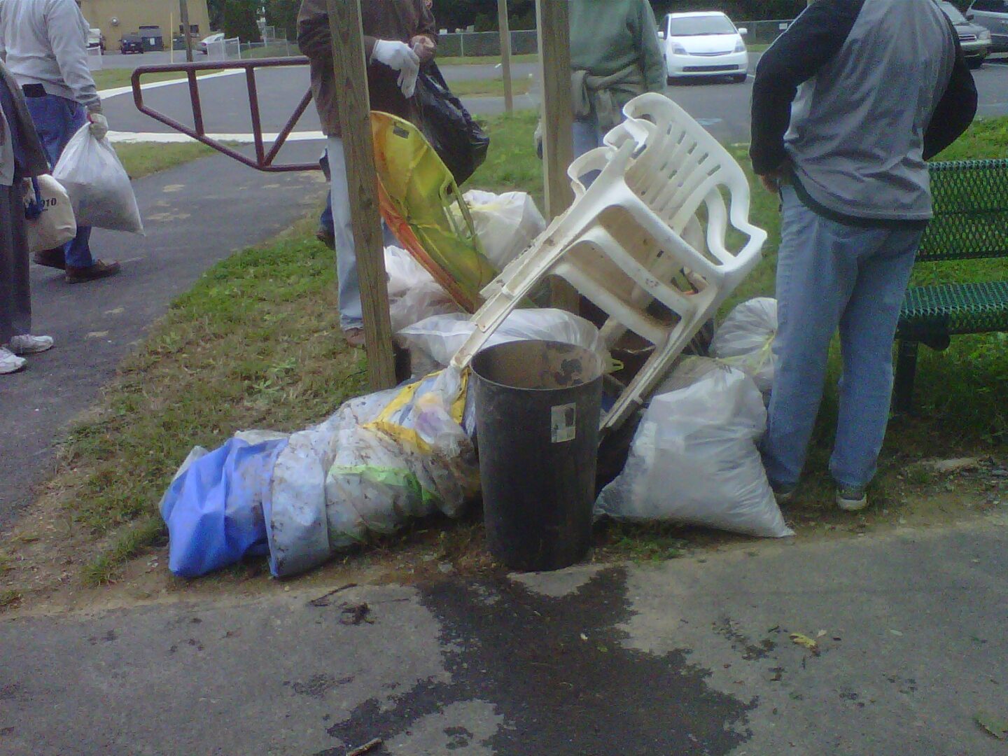 Closeup view of chairs and trash bags