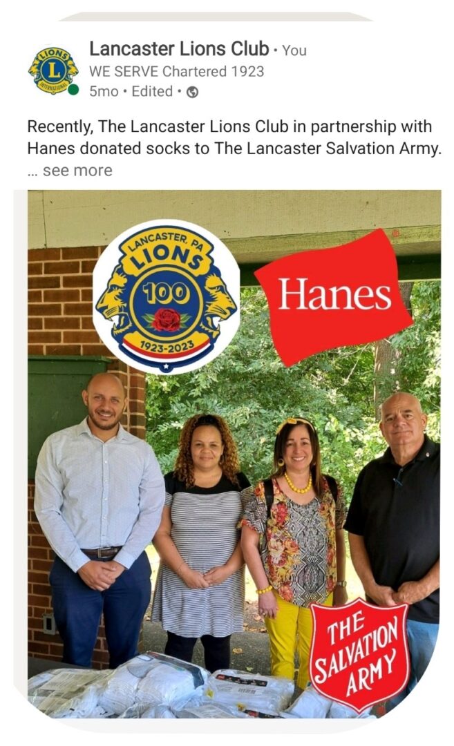 A Facebook Post on Lancaster Lions Club Donating Socks