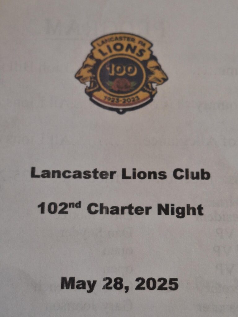 Lancaster Lions Club 102nd Charter Night invitation.